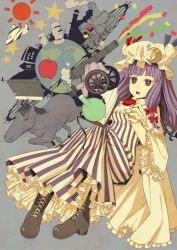 Rule 34 | 1girl, apple, bad id, bad pixiv id, book, boots, cannon, crescent, cross-laced footwear, female focus, food, fruit, globe, hat, horse, locomotive, long hair, ogino (oginogino), patchouli knowledge, petticoat, planet, purple eyes, purple hair, solo, steam locomotive, striped, touhou, train, vertical stripes