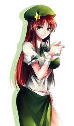 Rule 34 | 1girl, bad id, bad pixiv id, bandages, braid, breasts, cleavage, contrapposto, female focus, green eyes, hand on own hip, hat, highres, hong meiling, large breasts, long hair, nr (cerumia), nr (cmnrr), open clothes, open shirt, puffy sleeves, red hair, shadow, shirt, short sleeves, side braid, single braid, smile, solo, standing, star (symbol), thumbs up, touhou, white background