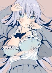 Rule 34 | 1girl, absurdres, blazer, blue eyes, blush, bow, bowtie, bra, breasts, cleavage, collared shirt, frilled bra, frills, hair between eyes, highres, jacket, large breasts, long hair, looking at viewer, monochrome, open clothes, open mouth, open shirt, original, partially unbuttoned, partially undressed, pleated skirt, purple background, shirt, simple background, skirt, solo, straight hair, strap pull, twitter username, underwear, upper body, yu yu