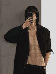 Rule 34 | 1boy, abs, against wall, arm behind back, artist name, belt, black belt, black hair, black pants, black shirt, chain, chain necklace, chainsaw man, cowboy shot, earrings, einruji, hair between eyes, hayakawa aki, highres, holding, jewelry, long sleeves, male focus, medium hair, navel, necklace, open clothes, pants, shirt, simple background, sleeve rolled up, solo, stud earrings, taking picture