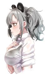 Rule 34 | 1girl, absurdres, animal ears, arknights, bear ears, black bra, black hair, blush, bra, breasts, brown eyes, collared shirt, cropped torso, feater (arknights), from side, grey hair, hand on own chest, highres, large breasts, long hair, multicolored hair, parted lips, profile, radioneet, see-through, shirt, short sleeves, simple background, solo, sweat, two-tone hair, underwear, upper body, wet, wet clothes, wet shirt, white background