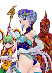 Rule 34 | 10s, 1boy, 2girls, ass, bad id, bad pixiv id, bare shoulders, blue eyes, blue hair, blue rose (tiger &amp; bunny), boots, breasts, cape, chinese clothes, cleavage, dark skin, detached sleeves, dragon kid, earrings, elbow gloves, fire emblem (tiger &amp; bunny), gloves, green eyes, green hair, hat, highres, huang baoling, jewelry, karina lyle, lipstick, makeup, mask, multiple girls, nathan seymour, see-through, short hair, spandex, staff, superhero costume, thigh boots, thighhighs, tiger &amp; bunny, v-room