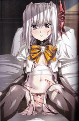 Rule 34 | 1girl, bandages, bed, black pantyhose, blood, blue eyes, blush, bow, bow bra, bow panties, bra, breasts, center opening, cleavage, crop top, cuts, detached sleeves, elbow gloves, evil heart, foreshortening, frilled bra, frilled panties, frills, from above, gloves, grey eyes, hair between eyes, hair bow, highres, hip focus, indoors, injury, looking at viewer, lying, medium breasts, mirei akira, navel, no pants, official art, on back, on bed, open clothes, orange bow, panties, pantyhose, parted lips, pillow, pink bra, pink panties, puffy short sleeves, puffy sleeves, red bow, scan, scar, shade, shadow, short hair, short sleeves, solo, spread legs, torn bra, torn clothes, torn pantyhose, turtleneck, underwear, urushihara satoshi, white hair