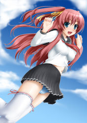 Rule 34 | 1girl, :d, blue eyes, blush, breasts, cameltoe, cloud, day, frilled thighhighs, frills, hair ribbon, highres, impossible clothes, impossible shirt, jumping, long hair, looking at viewer, medium breasts, navel, open mouth, original, panties, pantyshot, pleated skirt, red hair, ribbon, school uniform, shirt, skirt, sky, smile, solo, standing, striped clothes, striped panties, thighhighs, toranoo, twintails, two side up, underwear, upskirt, white thighhighs