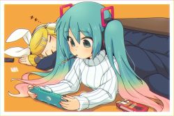 Rule 34 | 2girls, blonde hair, cellphone, closed eyes, closed mouth, food, food in mouth, gradient hair, green eyes, green hair, hair between eyes, hair ornament, hairclip, handheld game console, hatsune miku, hatsune miku (vocaloid4), holding, kagamine rin, kagamine rin (vocaloid4), kotatsu, long hair, long sleeves, lying, mawaru (mawaru), mouth hold, multicolored hair, multiple girls, on stomach, orange background, phone, pink hair, pocky, ribbed sweater, sleeves past wrists, sweater, table, turtleneck, turtleneck sweater, twintails, under kotatsu, under table, very long hair, vocaloid, white sweater