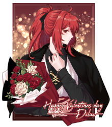 Rule 34 | 1boy, bouquet, brill p, character name, closed mouth, collared shirt, diluc (genshin impact), english text, flower, genshin impact, hair between eyes, hair ribbon, happy valentine, highres, holding, holding bouquet, jacket, jacket on shoulders, light particles, long hair, long sleeves, looking at viewer, male focus, necktie, ponytail, red eyes, red flower, red hair, ribbon, rose, shirt, simple background, solo, watch, white flower, wristwatch