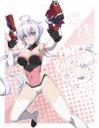 Rule 34 | 1girl, absurdres, ahoge, aiming, aiming at viewer, bare shoulders, blush, breasts, chuunioniika, covered navel, dated, dual wielding, elbow gloves, gloves, gun, handgun, happy birthday, highres, holding, large breasts, leotard, light purple hair, long hair, looking at viewer, low twintails, purple eyes, red leotard, revolver, scrunchie, senki zesshou symphogear, shiny skin, smile, solo, thighhighs, twintails, weapon, white thighhighs, yukine chris
