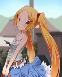 Rule 34 | 1girl, aoyama mio, belt, blonde hair, blue skirt, blush, flat chest, hair ornament, hairclip, happy, kami nomi zo shiru sekai, long hair, looking at viewer, skirt, smile, solo, standing, twintails, very long hair, yuto (dialique)