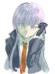 Rule 34 | 1girl, black gloves, black jacket, black sleeves, blazer, blunt bangs, bow, braid, coattails, collared jacket, collared shirt, commentary request, cropped torso, danganronpa: trigger happy havoc, danganronpa (series), dated commentary, eyelashes, gloves, hair behind ear, hair bow, hand in own hair, high collar, jacket, kirigiri kyoko, layered sleeves, long hair, long sleeves, looking at viewer, necktie, no+bi=, open clothes, open jacket, orange necktie, parted lips, purple bow, purple eyes, purple hair, shirt, simple background, single braid, single sidelock, solo, straight hair, studded gloves, very long hair, white background, white shirt