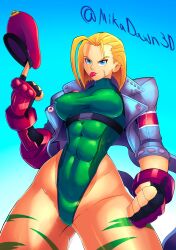 Rule 34 | 1girl, :p, abs, blonde hair, blue eyes, breasts, cammy white, covered erect nipples, fingerless gloves, gloves, hat, highleg, highleg leotard, highres, jacket, leotard, long sleeves, medium breasts, scar, scar on face, short hair, street fighter, street fighter 6, tongue, tongue out, unclered