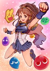 Rule 34 | 1girl, :d, arle nadja, arm up, armor, blue armor, blue skirt, breastplate, brown eyes, brown hair, carbuncle (puyopuyo), chienon, clenched hands, fingernails, full body, half updo, highres, long hair, miniskirt, nail polish, open mouth, pink nails, pleated skirt, puyo (puyopuyo), puyopuyo, shoulder armor, skirt, sleeveless, smile, pauldrons, teeth