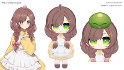 Rule 34 | 1girl, apron, black footwear, blush, bow, braid, brown hair, character sheet, chibi, commentary, creature on head, dress, english commentary, fortissimo, full body, green eyes, hair behind ear, hair bow, hair ornament, highres, indie virtual youtuber, joo gumoon, looking at viewer, miori celesta, miori celesta (5th costume), mogu (miori celesta), musical note, musical note hair ornament, official art, pink bow, riiit44, second-party source, shoes, slime (creature), smile, straight-on, treble clef, twin braids, twitter username, virtual youtuber, white apron, yellow dress