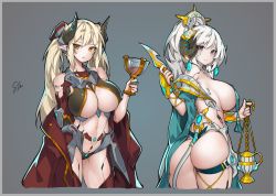 Rule 34 | 2girls, alcohol, ass, ass support, bare shoulders, between breasts, border, breast curtains, breasts, chain, chinese commentary, coat, commentary request, contrapposto, cropped legs, cup, cyborg, dragon horns, drinking glass, from behind, genderswap, genderswap (mtf), grey background, grey border, grey hair, hair ornament, holding, holding cup, holding knife, horns, knife, large breasts, long hair, mecha musume, mole, mole on breast, multiple girls, navel, off shoulder, open clothes, open coat, planet, purple eyes, red coat, revealing clothes, rimworld, sideboob, signature, simple background, stmast, stomach, tail, thigh strap, thighs, triangle mouth, twintails, uniform, white hair, wine, wine glass, yellow eyes
