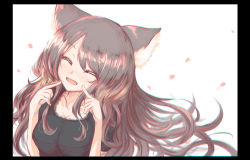 Rule 34 | 1girl, :d, ^ ^, absurdres, animal ear fluff, animal ears, black border, black hair, black shirt, border, breasts, cat ears, closed eyes, collarbone, commentary request, facing viewer, fingers to cheeks, floating hair, habu rin, hands up, head tilt, highres, lace, lace-trimmed shirt, lace trim, long hair, medium breasts, open mouth, original, petals, puffy short sleeves, puffy sleeves, shirt, short sleeves, smile, solo, white background