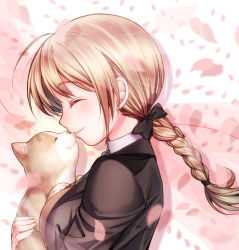 Rule 34 | 1girl, ahoge, blush, braid, brown hair, cat, closed eyes, from side, holding, long hair, lynette bishop, petals, profile, shirt, silhouette, single braid, smile, solo, strike witches, totonii (totogoya), upper body, world witches series