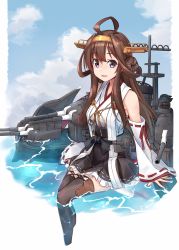 Rule 34 | 1girl, ahoge, bare shoulders, black skirt, black thighhighs, blue sky, brown hair, closed mouth, cloud, detached sleeves, double bun, hair between eyes, hair bun, hairband, headgear, highres, japanese clothes, kantai collection, kongou (kancolle), kongou kai ni (kancolle), long hair, looking at viewer, machinery, minosu, nontraditional miko, open mouth, pleated skirt, purple eyes, revision, ribbon-trimmed sleeves, ribbon trim, rigging, skirt, sky, smile, solo, thighhighs, turret, wide sleeves