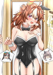 Rule 34 | 3girls, :3, absurdres, ahoge, animal ears, bare shoulders, black bow, black bowtie, black garter straps, black leotard, black thighhighs, blush, bow, bowtie, breasts, brown hair, cleavage, closed mouth, commentary request, copano rickey (umamusume), cowboy shot, detached collar, double bun, dress, dressing room, ear covers, eighth note, fang, garter straps, grey hair, hair between eyes, hair bun, hair ornament, hand on own chest, haruun520, highres, hokko tarumae (umamusume), horse ears, horse girl, leotard, mirror, multicolored hair, multiple girls, musical note, nontraditional playboy bunny, o o, open mouth, pov, purple eyes, single ear cover, smile, solo focus, spoken expression, strapless, strapless leotard, streaked hair, sweat, tassel, tassel hair ornament, thigh gap, thighhighs, umamusume, unworn dress, visible air, white hair, wonder acute (umamusume), wrist cuffs