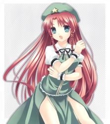 Rule 34 | 1girl, aqua eyes, blush, braid, chinese clothes, female focus, green eyes, hat, hong meiling, immaterial and missing power, long hair, red hair, solo, star (symbol), takase kanan, touhou, twin braids