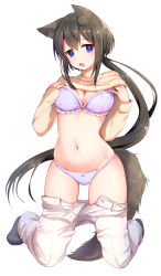 Rule 34 | 1girl, :o, absurdres, animal ear fluff, animal ears, black hair, black socks, blue eyes, bow, bow panties, bra, breasts, brown sweater, cleavage, clothes lift, clothes pull, commentary request, fang, floating hair, frilled bra, frills, full body, groin, hands up, highres, kneeling, long hair, long sleeves, looking at viewer, low ponytail, medium breasts, navel, open fly, open mouth, original, panties, pants, pants pull, purple bra, purple panties, ribbed sweater, sidelocks, simple background, sleeves past wrists, socks, solo, stomach, sweater, sweater lift, tail, thighs, umishima rinta, underwear, unzipped, very long hair, white background, white pants, wolf ears, wolf girl, wolf tail
