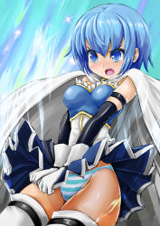 Rule 34 | 10s, 1girl, arm strap, blue eyes, blue hair, blush, breasts, cape, cowboy shot, elbow gloves, gloves, magical girl, mahou shoujo madoka magica, mahou shoujo madoka magica (anime), matching hair/eyes, miki sayaka, open mouth, panties, pantyshot, short hair, skirt, solo, striped clothes, striped panties, tears, thighhighs, underwear, upskirt, white gloves, white thighhighs, yamasan (hachiman)