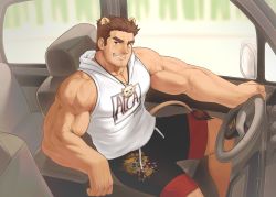 Rule 34 | 1boy, alca (wakatanka4), animal ears, bara, bare shoulders, brown eyes, brown hair, commission, dobito mn, driving, facial hair, giant, giant male, highres, hood, hoodie, jewelry, large pectorals, lion boy, lion ears, lion tail, male focus, manly, muscular, muscular male, necklace, original, pectorals, short hair, shorts, sideburns, sleeveless, sleeveless hoodie, smirk, solo, stubble, tail, thick thighs, thighs
