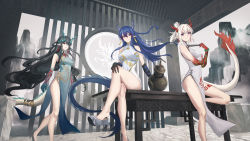Rule 34 | 3girls, absurdres, arknights, bare legs, bare shoulders, black hair, blue dress, blue eyes, blue hair, blunt bangs, china dress, chinese clothes, chinese commentary, closed mouth, cola-alter, dragon girl, dragon horns, dragon tail, dress, dusk (arknights), elbow gloves, gloves, gold trim, hair between eyes, hand fan, hand on own knee, hand up, high heels, highres, horns, ling (arknights), long hair, looking at viewer, medium hair, multicolored hair, multiple girls, nian (arknights), official alternate costume, purple eyes, red eyes, red hair, shoe dangle, siblings, sisters, sitting, smile, standing, standing on one leg, streaked hair, table, tail, two-tone hair, white dress, white hair
