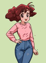 Rule 34 | 1girl, absurdres, beachepisode, blush, commentary, cowboy shot, crayon shin-chan, denim, english commentary, green background, hand on own hip, highres, jeans, long sleeves, nohara misae, open mouth, pants, red hair, simple background, smile, solo