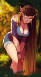 Rule 34 | 1girl, bare shoulders, breasts, brown eyes, brown hair, cleavage, collarbone, commentary, denim, denim shorts, hairband, hands on own knees, highres, large breasts, leaning forward, lips, long hair, looking at viewer, original, pointy ears, raichiyo33, short shorts, shorts, smile, solo, thighs, v arms, very long hair
