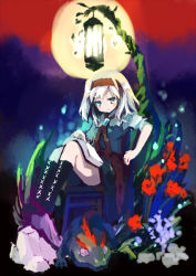 Rule 34 | 1girl, alice margatroid, book, female focus, flower, hairband, lamp, legs, outdoors, plant, sitting, sky, solo, touhou, xexu