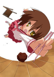 Rule 34 | 00s, brown hair, chopsticks, diving, fang, food, foreshortening, kusakabe misao, lowres, lucky star, meatball, open mouth, outstretched arm, outstretched hand, reaching, school uniform, serafuku, short hair, solo, yellow eyes