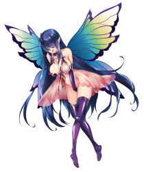 Rule 34 | 1girl, blue hair, boots, butterfly wings, curvy, female masturbation, gloves, grabbing, grabbing another&#039;s breast, insect wings, lilith-soft, long bangs, long hair, looking at viewer, masturbation, moaning, nipples, pointy ears, pussy, pussy juice, sakuranbo, saliva, shiny skin, simple background, solo, sweat, taimanin (series), taimanin rpgx, thighhighs, very long hair, white background, wings, zessica falfer