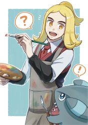 Rule 34 | 1boy, :d, ?, absurdres, apron, blonde hair, collared shirt, commentary request, creatures (company), game freak, gen 4 pokemon, gible, half updo, hassel (pokemon), highres, holding, holding paintbrush, looking down, male focus, moi (transmission), necktie, nintendo, notice lines, open mouth, orange eyes, outline, outside border, paintbrush, palette (object), pokemon, pokemon (creature), pokemon sv, red necktie, shirt, smile, spoken question mark, sweater vest, teeth, upper teeth only