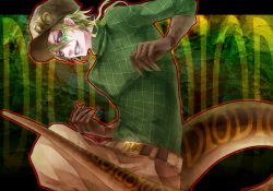 Rule 34 | 1boy, :d, brown gloves, diego brando, gloves, green shirt, grin, hat, jojo no kimyou na bouken, long sleeves, male focus, open mouth, sasama keiji, scary monsters (stand), shirt, smile, solo, stand (jojo), steel ball run, sweater, tail, teeth