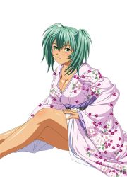 Rule 34 | 1girl, blush, breasts, cleavage, dark skin, dark-skinned female, female focus, floral print, green eyes, green hair, ikkitousen, japanese clothes, kimono, large breasts, long hair, looking at viewer, official art, ryofu housen, simple background, sitting, smile, solo, twintails, white background