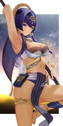 Rule 34 | 1girl, anzu0130, arm up, armpits, bare shoulders, blue eyes, blue hair, blue shorts, blue skirt, breasts, bridal gauntlets, candace (genshin impact), cleavage, dark-skinned female, dark skin, desert, detached sleeves, genshin impact, gold trim, gradient sky, hair ornament, hairband, halterneck, heterochromia, highres, jewelry, large breasts, long hair, looking at viewer, navel, neck ring, orange sky, polearm, purple sky, sandals, sash, short shorts, shorts, sidelocks, skirt, sky, smile, solo, spear, star (sky), starry sky, thighlet, thighs, twilight, weapon, yellow eyes