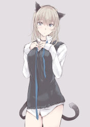 Rule 34 | 1girl, animal ears, blonde hair, blue eyes, bottomless, cat ears, cat tail, choker, fake animal ears, grey eyes, hands on own chest, highres, long sleeves, looking at viewer, original, ribbon, shirt, solo, tail, touma kisa, vest