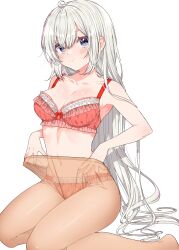 Rule 34 | 1girl, absurdres, adjusting clothes, adjusting legwear, ahoge, blue eyes, blush, bow, bow bra, bowtie, bra, breasts, center-flap bangs, commentary request, frilled bra, frilled panties, frills, hair between eyes, highres, lace, lace-trimmed bra, lace trim, light blush, lingerie, long hair, orange pantyhose, original, panties, pantyhose, pout, red bow, red bowtie, red bra, red panties, see-through, see-through legwear, simple background, solo, underwear, underwear only, very long hair, white hair, yamada sakura