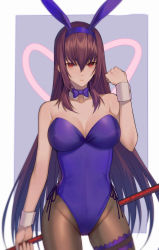Rule 34 | 1girl, absurdres, animal ears, arm up, bare shoulders, black pantyhose, breasts, eyebrows hidden by hair, fake animal ears, fate/grand order, fate (series), fishnet pantyhose, fishnets, hair between eyes, highres, holding, holding polearm, holding weapon, lance, leotard, long hair, looking at viewer, off shoulder, pantyhose, playboy bunny, polearm, purple hair, rabbit ears, red eyes, ribbon, scathach (fate), scathach (piercing bunny) (fate), solo, standing, weapon, wrist cuffs, yorukun