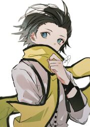 Rule 34 | 1boy, a d chi, black hair, blue eyes, covered mouth, hair slicked back, hand up, highres, looking up, male focus, mochizuki ryouji, mole, mole under eye, persona, persona 3, scarf, shirt, short hair, sideways glance, signature, simple background, solo, spiked hair, upper body, white background, white shirt, yellow scarf