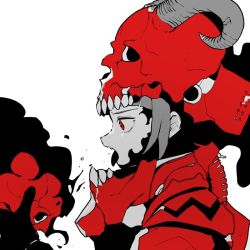 Rule 34 | 1girl, ddari, from side, helmet, horns, monochrome, open mouth, original, profile, red eyes, red theme, simple background, skull on head, solo, tongue, tongue out, white background