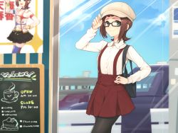 Rule 34 | 1girl, alternate costume, amami haruka, bag, beret, black pantyhose, brown hair, disguise, fashion, glasses, green eyes, hair ornament, hand on headwear, hand on own hip, handbag, hat, hat tip, hitoto, idolmaster, idolmaster (classic), idolmaster movie, long sleeves, open mouth, pantyhose, poster (medium), poster (object), short hair, skirt, smile, solo, suspenders, thighhighs