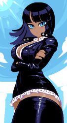 1girl arms_under_breasts black_hair black_jacket black_thighhighs blue_eyes blue_sky blunt_bangs breasts cleavage cleavage_cutout clothing_cutout cowboy_shot crossed_arms jacket large_breasts leather leather_jacket long_hair looking_at_viewer minimilieu nico_robin nico_robin_(water_7) one_piece open_clothes open_shirt pixel_art sky solo sun thighhighs zettai_ryouiki