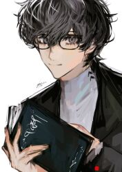 Rule 34 | 1boy, absurdres, amamiya ren, black hair, book, glasses, highres, holding, holding notebook, long sleeves, looking at viewer, male focus, notebook, opaque glasses, open book, persona, persona 5, school uniform, shirt, short hair, shuujin academy school uniform, simple background, smile, solo, white background, white shirt, yuki flourish