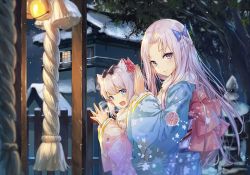 Rule 34 | 2girls, animal ear fluff, animal ears, azur lane, bell, blue bow, blue eyes, blue kimono, blurry, blush, bow, breath, building, cat ears, closed mouth, commentary, depth of field, fence, floral print, forehead, from side, fur-trimmed sleeves, fur collar, fur trim, grey hair, hair bow, haitang, hammann (azur lane), hands up, house, japanese clothes, jingle bell, kimono, long hair, long sleeves, looking at viewer, looking to the side, multiple girls, night, obi, own hands together, parted bangs, praying, print kimono, purple eyes, rope, sash, sidelocks, smile, snow, stone lantern, symbol-only commentary, tree, upper body, v-shaped eyebrows, very long hair, wide sleeves, winter, yorktown (azur lane)