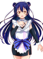 Rule 34 | 1girl, apron, blue hair, commentary request, cowboy shot, detached collar, detached sleeves, double bun, earrings, hair between eyes, hair bun, hand on own chest, highres, jewelry, long hair, looking at viewer, love live!, love live! school idol project, maid, maid apron, maid headdress, mogyutto &quot;love&quot; de sekkin chuu!, open mouth, ribbon, simple background, smile, solo, sonoda umi, wewe, white background, yellow eyes