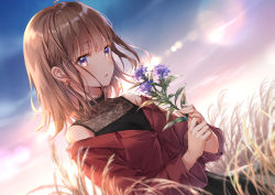 Rule 34 | 1girl, bare shoulders, black shirt, blue sky, blurry, blurry background, brown hair, commentary request, covered collarbone, depth of field, dutch angle, earrings, flower, has bad revision, has downscaled revision, higeneko, holding, holding flower, jacket, jewelry, long hair, long sleeves, md5 mismatch, off shoulder, original, outdoors, parted lips, purple eyes, purple flower, red jacket, resolution mismatch, revision, see-through, shirt, sky, sleeveless, sleeveless shirt, solo, source smaller, sunset