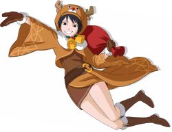 Rule 34 | 1girl, antlers, bell, black hair, boots, christmas, costume, gloves, holding, holding sack, horns, kurotsuchi (naruto), looking at viewer, naruto (series), sack, short hair, simple background, smile, solo