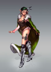 Rule 34 | 1girl, black thighhighs, boots, cape, dagger, elf, full body, fur trim, gradient background, green cape, green hat, grey background, hat, hat feather, highres, ivetto, knife, light brown hair, original, pointy ears, sheath, sheathed, solo, standing, thigh strap, thighhighs, weapon