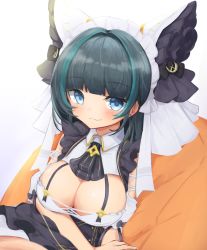 Rule 34 | 1girl, :3, absurdres, animal ears, ascot, azur lane, bean bag chair, black ascot, black skirt, blue eyes, blunt bangs, blush, breasts, cheshire (azur lane), cleavage, closed mouth, dot nose, fang, green hair, highres, klaius, large breasts, looking at viewer, medium hair, multicolored hair, reclining, simple background, skin fang, skirt, smile, solo, streaked hair, suspender skirt, suspenders, white background
