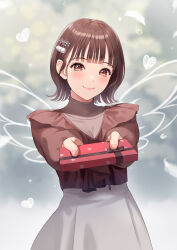 Rule 34 | 1girl, blurry, blurry background, blush, box, brown eyes, drawn wings, gift, gift box, hair ornament, hairclip, heart, highres, holding, holding box, iwami manaka, long sleeves, looking at viewer, minato asuka, real life, short hair, skirt, smile, solo, valentine, voice actor